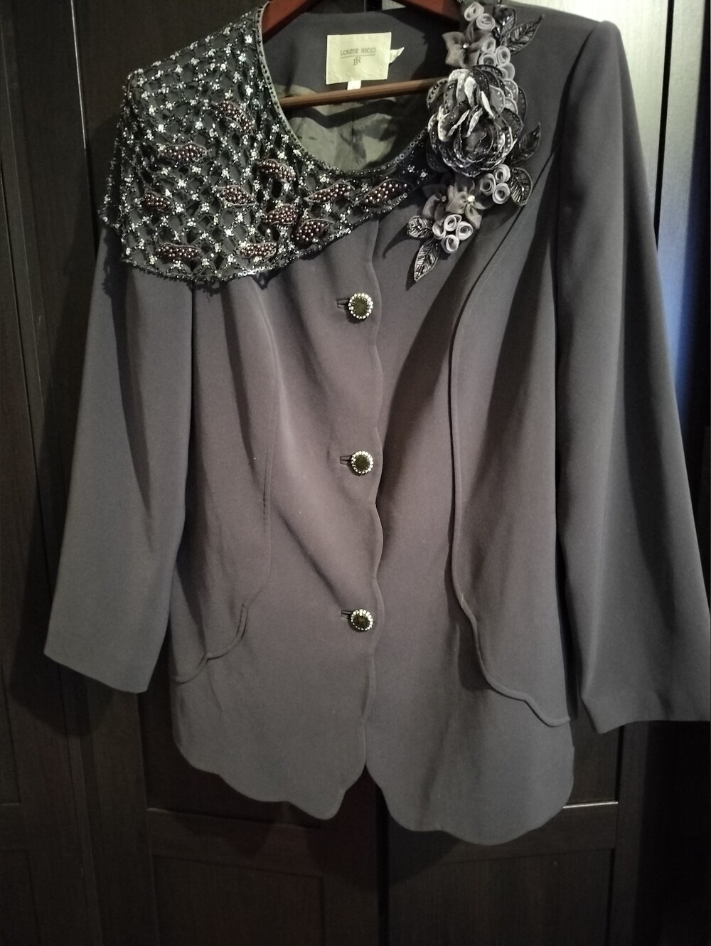 Louise Ricci Formal Jacket Lace, Beaded & Floral Applique Dark Gray - 12